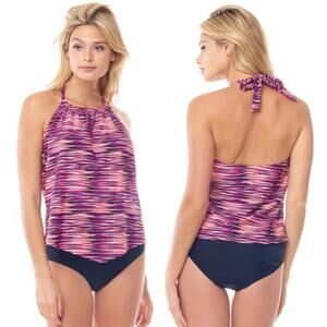 Sea & Sand Beachwear Pink Purple Striped Halter Tankini Set Plus Size 20W